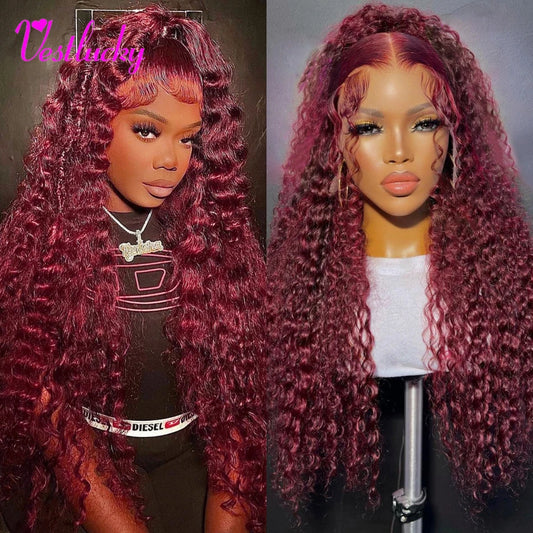 13x4 Deep Curly Lace Frontal Wig Transparent 99J Burgundy 13x6 Lace Front Wigs Red Colored HD Deep Wave Human Hair Wig Vestlucky